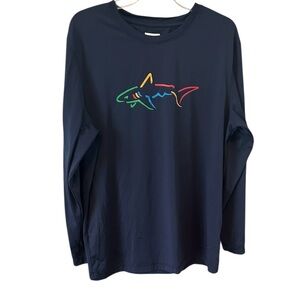 Greg Norman Performance Tee Shirt Rash Guard Sz LG Navy Long Sleeve Color Shark